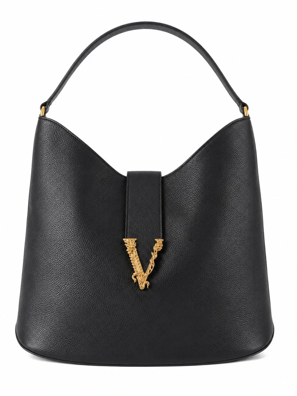 Versace Virtus Black Leather Shoulder hobo Bag New